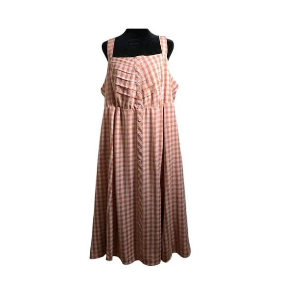 NWT Torrid Womens 2X 18/20 Peach Cream Gingham Button Top Midi Dress Square Neck - Picture 2 of 10